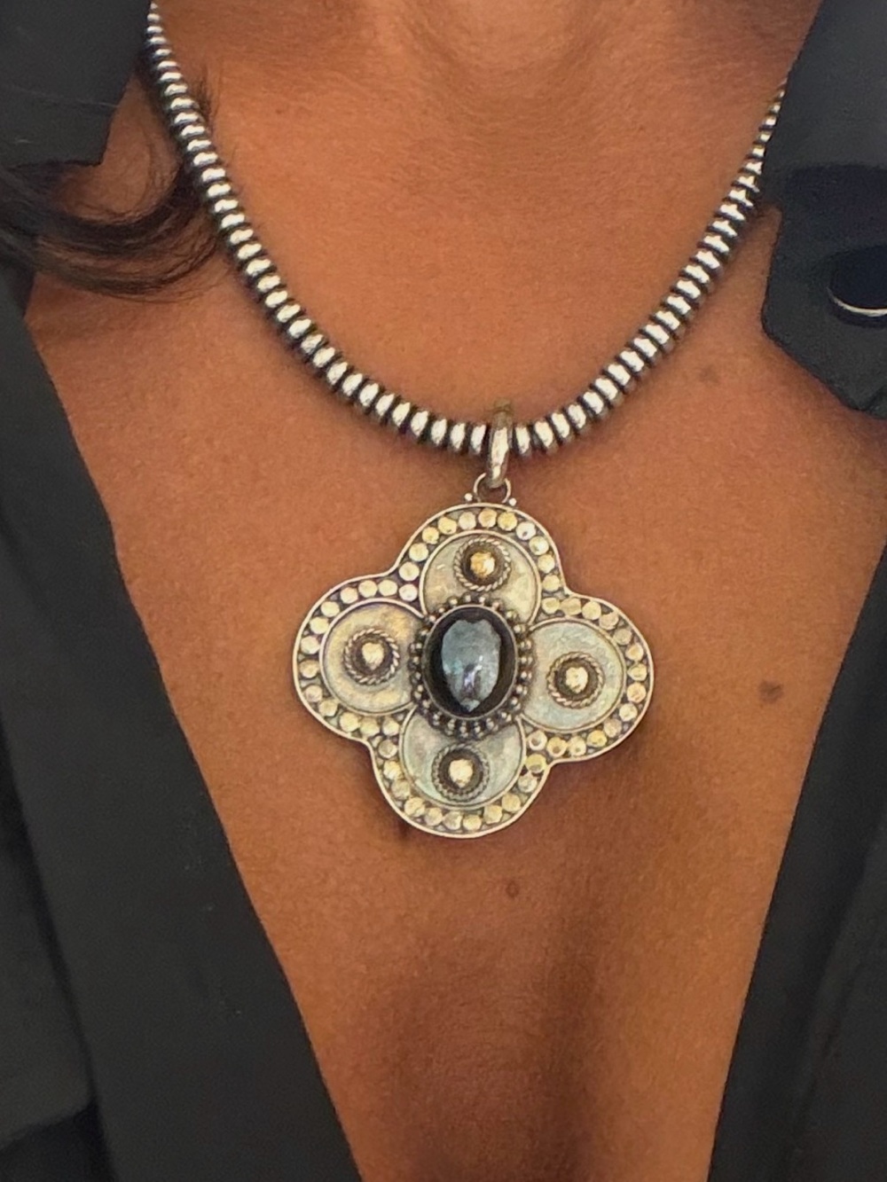 925 Sterling Floral Pendant Necklace with Hematite Stone